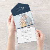 シンプル書道写真ネイビーブルーRSVP結婚のAl オールインワン招待状 (貼ってはがせる)