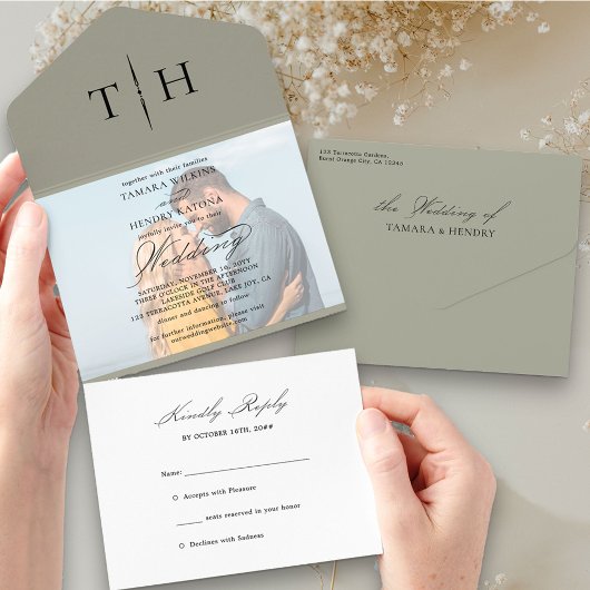 シンプル書道写真Sage Green RSVP結婚's オールインワン招待状