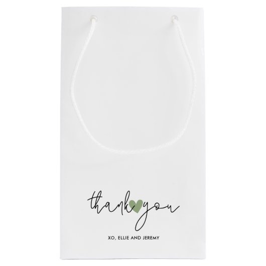 シンプル書道台本セージ緑のハートの結婚数 スモールペーパーバッグ (裏面)