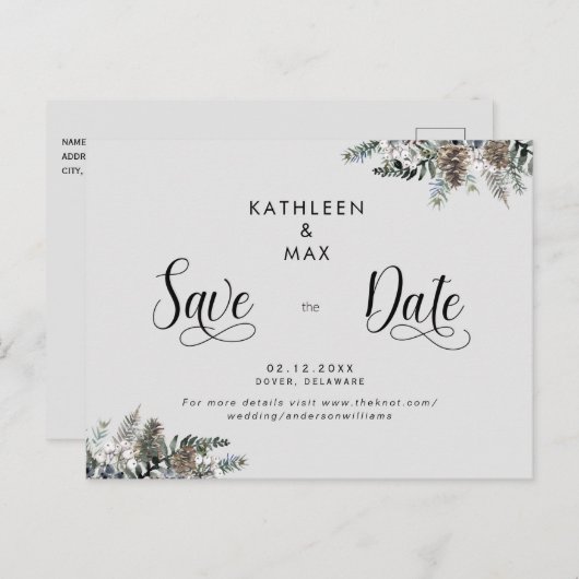 シンプル松コーン結婚式の日付を保存 案内ポストカード (正面/裏面)