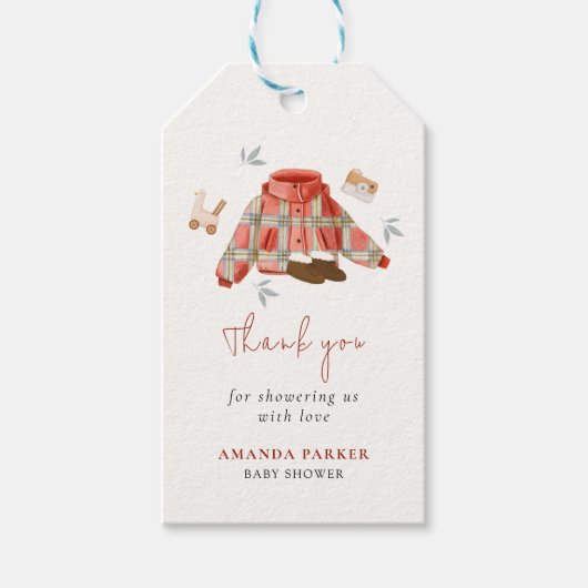 シンプル格子冬の服ベビーシャワーありがとう ギフトタグ (正面)