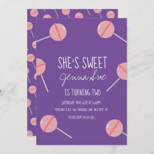 シンプル棒つきキャンデー誕生日パーティーピンク 招待状 (正面/裏面)