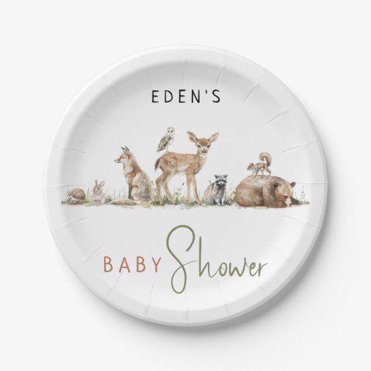 シンプル森の森の動物の赤ちゃんシャワー ペーパープレート (正面)