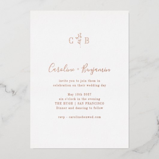 シンプル植物単線画ボホ結婚のバラ金ゴールド 箔招待状 (正面)