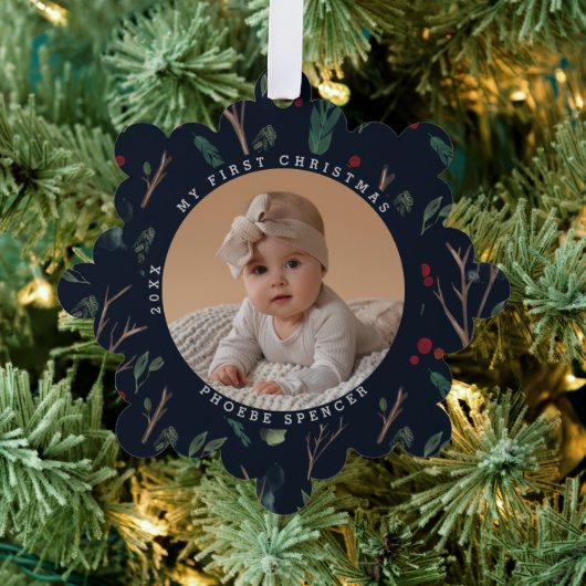 シンプル植物学ベビー初めてのクリスマス写真 オーナメントカード (インサイチュ (木))