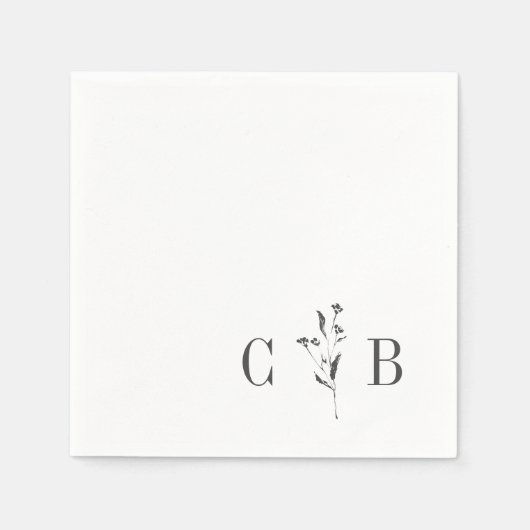 シンプル植物白モノグラムイニシャル結婚ズ スタンダードカクテルナプキン (正面)