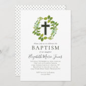 シンプル植物緑リースクロスバプテスマ 招待状 (正面/裏面)