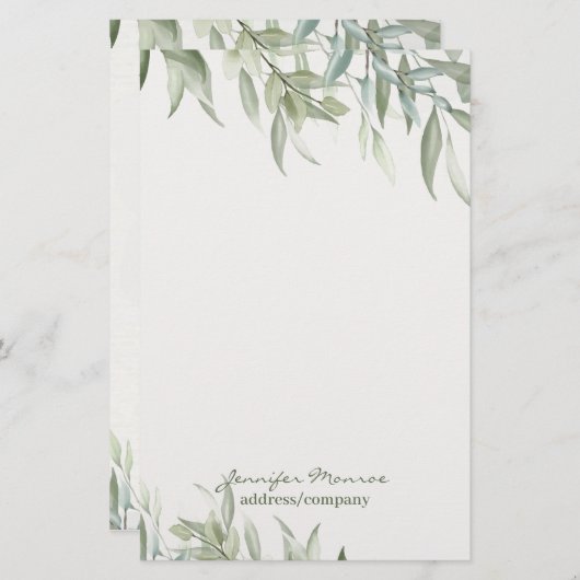シンプル水の色の緑葉のパーソナライズされた 便箋 (正面/裏面)