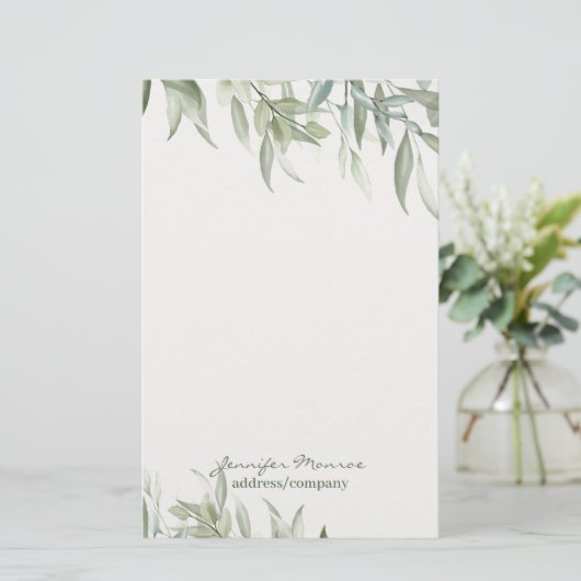 シンプル水の色の緑葉のパーソナライズされた 便箋 (スタンド正面)