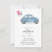 シンプル水の色の青い車ベビーシャワー 招待状 (正面)