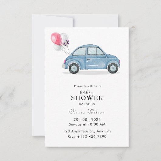 シンプル水の色の青い車ベビーシャワー 招待状 (正面)