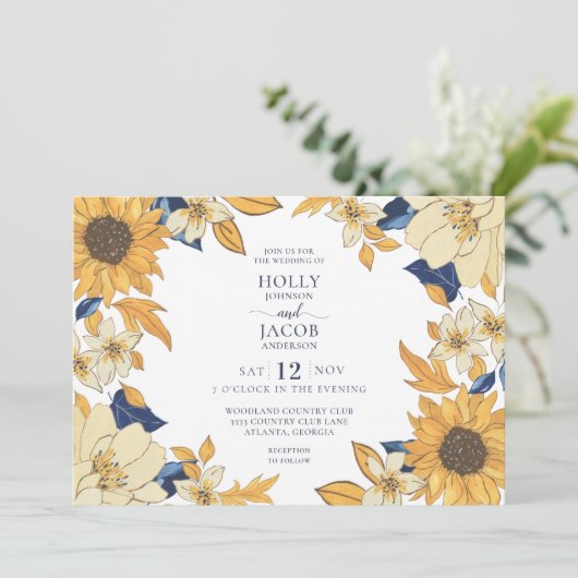 シンプル水の色ひまわり結婚の 招待状 (スタンド正面)
