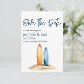 シンプル水の色サーフボード日付カードを保存 セーブザデート (スタンド正面)