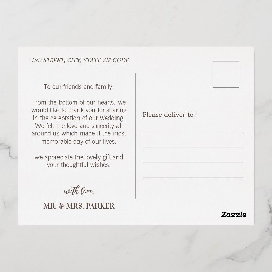 シンプル水の色ワイルドフラワー結婚ズサンキュー 箔招待状ポストカード (裏面)