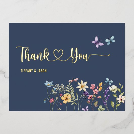 シンプル水の色ワイルドフラワー結婚ズサンキュー 箔招待状ポストカード (正面)