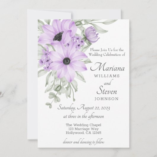 シンプル水エレガント色パープルフローラ招待状 招待状 (正面)