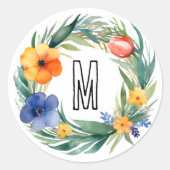 シンプル水カラフル色フローラリースモノグラム ラウンドシール (正面)