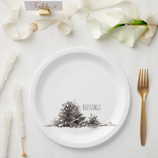 シンプル水カラーパインコーン恵み ペーパープレート (ウェディング)