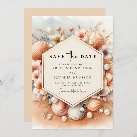 シンプル水カラービーチ結婚式 セーブザデート (正面/裏面)