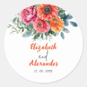 シンプル水カラーフローラ | オレンジとピンク | ウェディング ラウンドシール (正面)