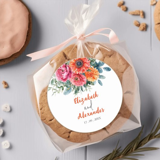 シンプル水カラーフローラ | オレンジとピンク | ウェディング ラウンドシール