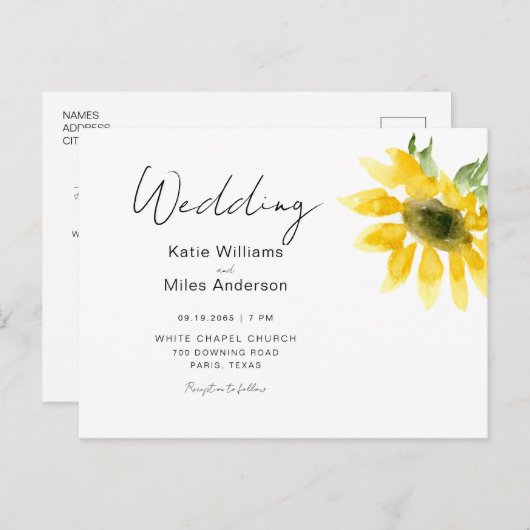 シンプル水彩ひまわり結婚式招待状 ポストカード (正面/裏面)