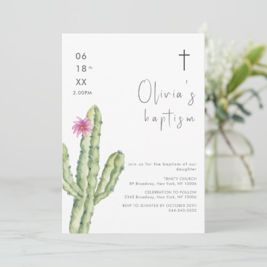 シンプル水彩キュクタスフラワークロスバプテスマ 招待状 (スタンド正面)