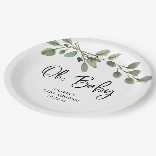 シンプル水彩グリーンOhベビー |赤ちゃんシャワー ペーパープレート (アングル)