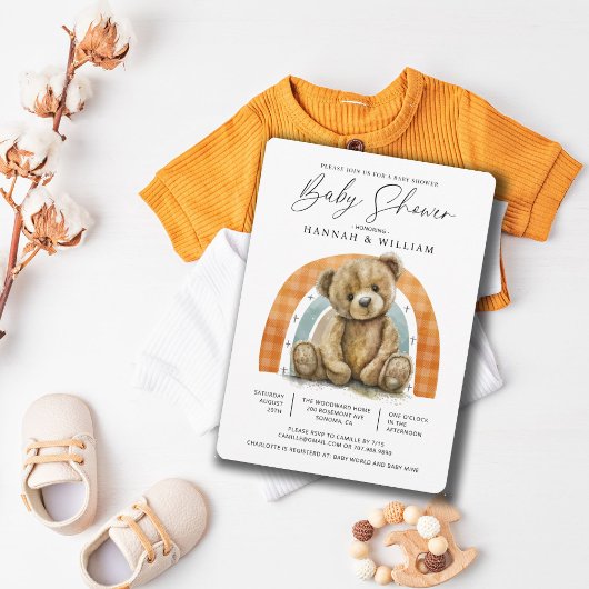 シンプル水彩テディベア虹色ベビーシャワー 招待状