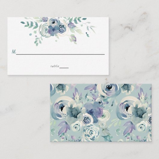 シンプル水彩パープルブルーグレー結婚花 プレイスカード (正面/裏面)