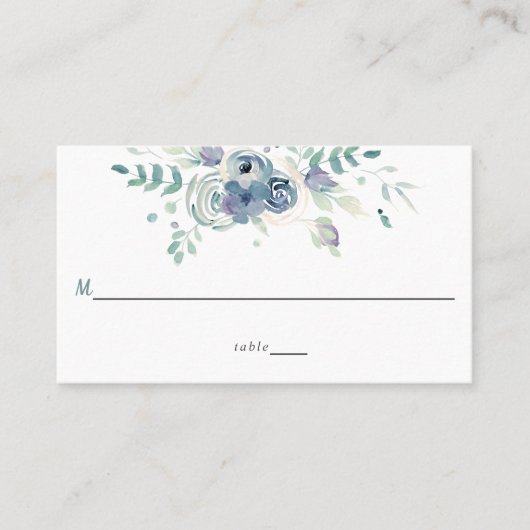 シンプル水彩パープルブルーグレー結婚花 プレイスカード (正面)
