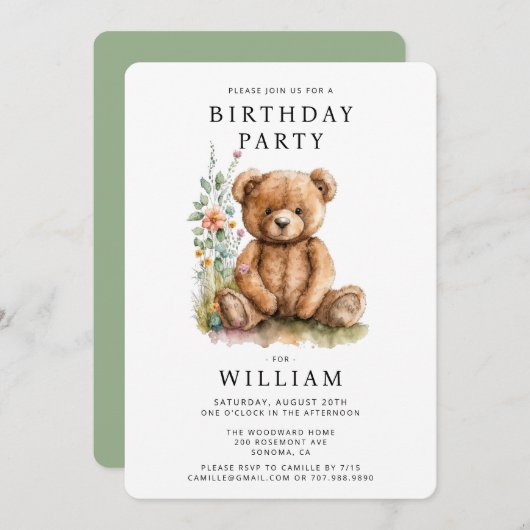 シンプル水彩リトルテディベア誕生日 招待状 (正面/裏面)