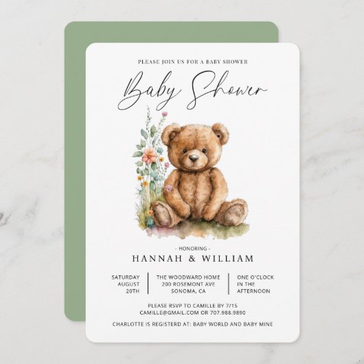 シンプル水彩小テディベア赤ちゃんシャワー 招待状 (正面/裏面)