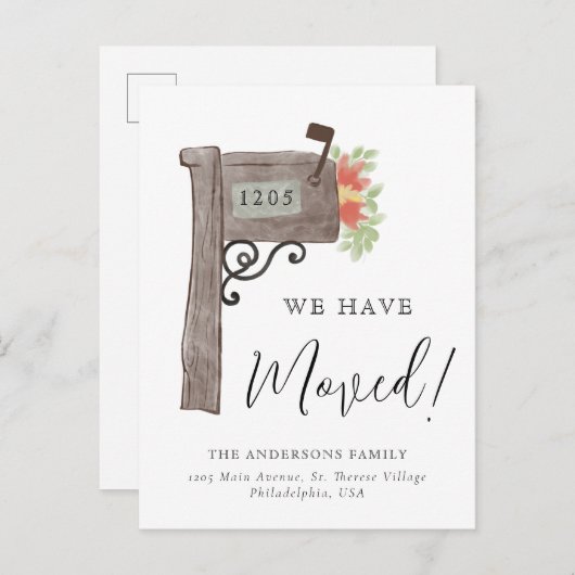 シンプル水彩木製メールボックス新しいホームムービング 案内ポストカード (正面/裏面)