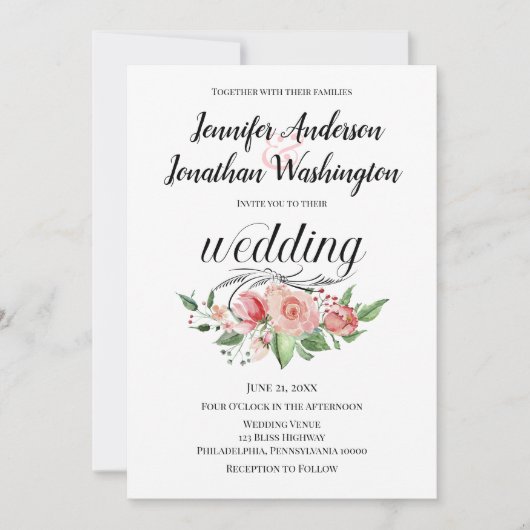 シンプル水彩桃色ローズブーケ結婚ーズ 案内状 (正面)