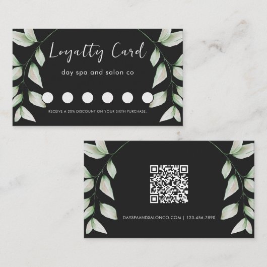 シンプル水彩植物学QRコードブラック ロイヤリティカード (正面/裏面)