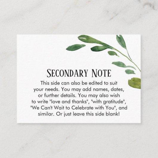 シンプル水彩緑のDIYカスタムウェディング エンクロージャーカード (裏面)