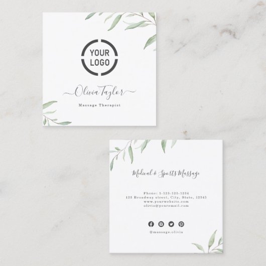 シンプル水彩緑化マッサージセラピスト スクエア名刺