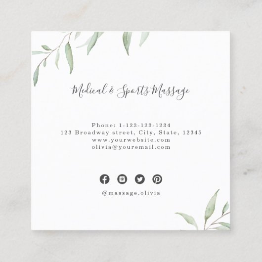 シンプル水彩緑化マッサージセラピスト スクエア名刺 (裏面)