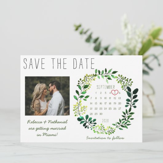 シンプル水彩緑結婚草の写真カレンダー セーブザデート (スタンド正面)