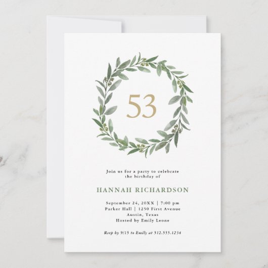 シンプル水彩緑 | 任意の数値誕生日 招待状 (正面)