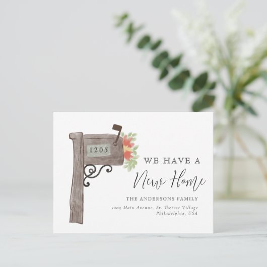 シンプル水彩茶色のメールボックス新しいホームムービング 案内ポストカード (スタンド正面)