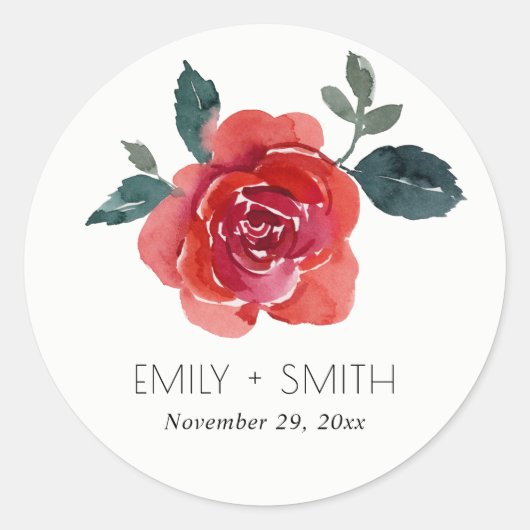 シンプル水彩赤緑バラフローラ結婚ズ ラウンドシール (正面)