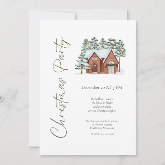 シンプル水彩雪の松の森クリスマスパーティー 招待状 (正面)