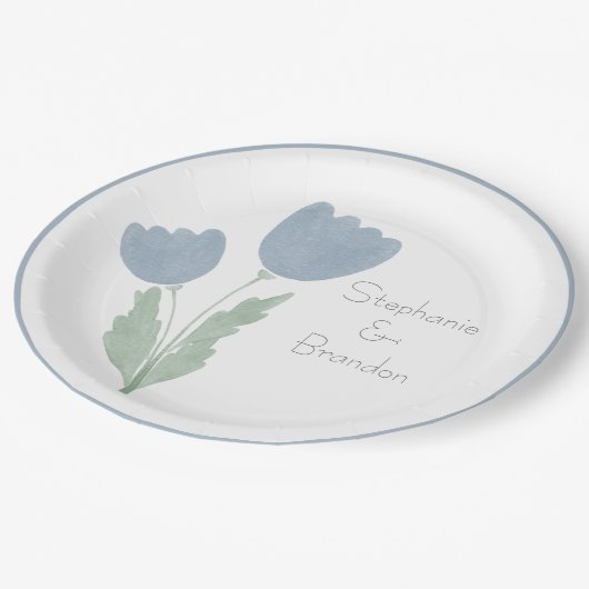 シンプル水色フローラパーソナライズされた結婚の ペーパープレート (アングル)