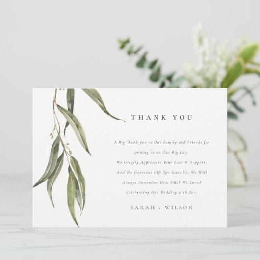 シンプル水色ユーカリ植物学結婚校 サンキューカード (スタンド正面)