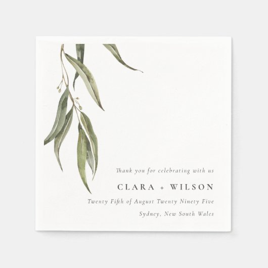 シンプル水色ユーカリ植物学結婚校 スタンダードカクテルナプキン (正面)