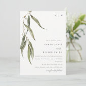シンプル水色ユーカリ植物学結婚校 招待状 (スタンド正面)