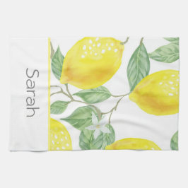 シンプル水色レモン葉モノグラムの キッチンタオル