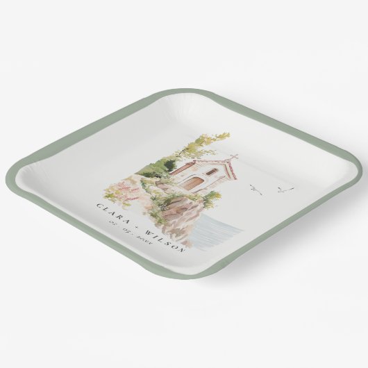 シンプル沿岸カトリック水彩教会結婚 ペーパープレート (傾斜あり)